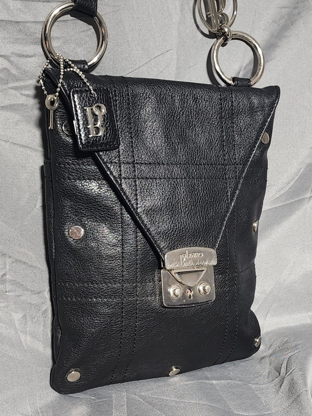 Bolzano Black Soft Leather Crossbody Bag Purse Silver Key Lock